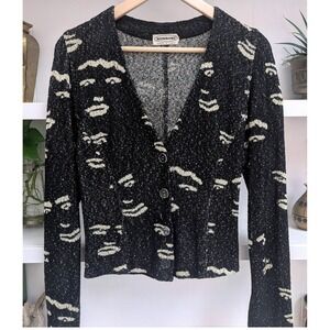 Vintage Missoni Rare Abstract Face Print Knit Black V-Neck Button Front Cardigan